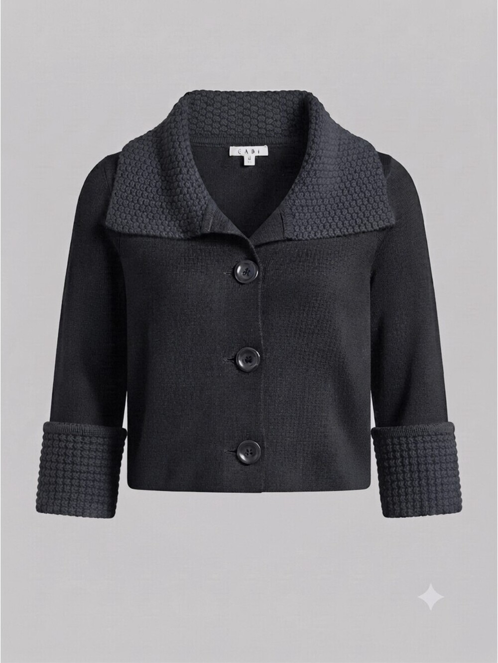 Cabi Sweater Womens Medium Black Cardigan Button Wool Blend cropped 3/4 sleeve